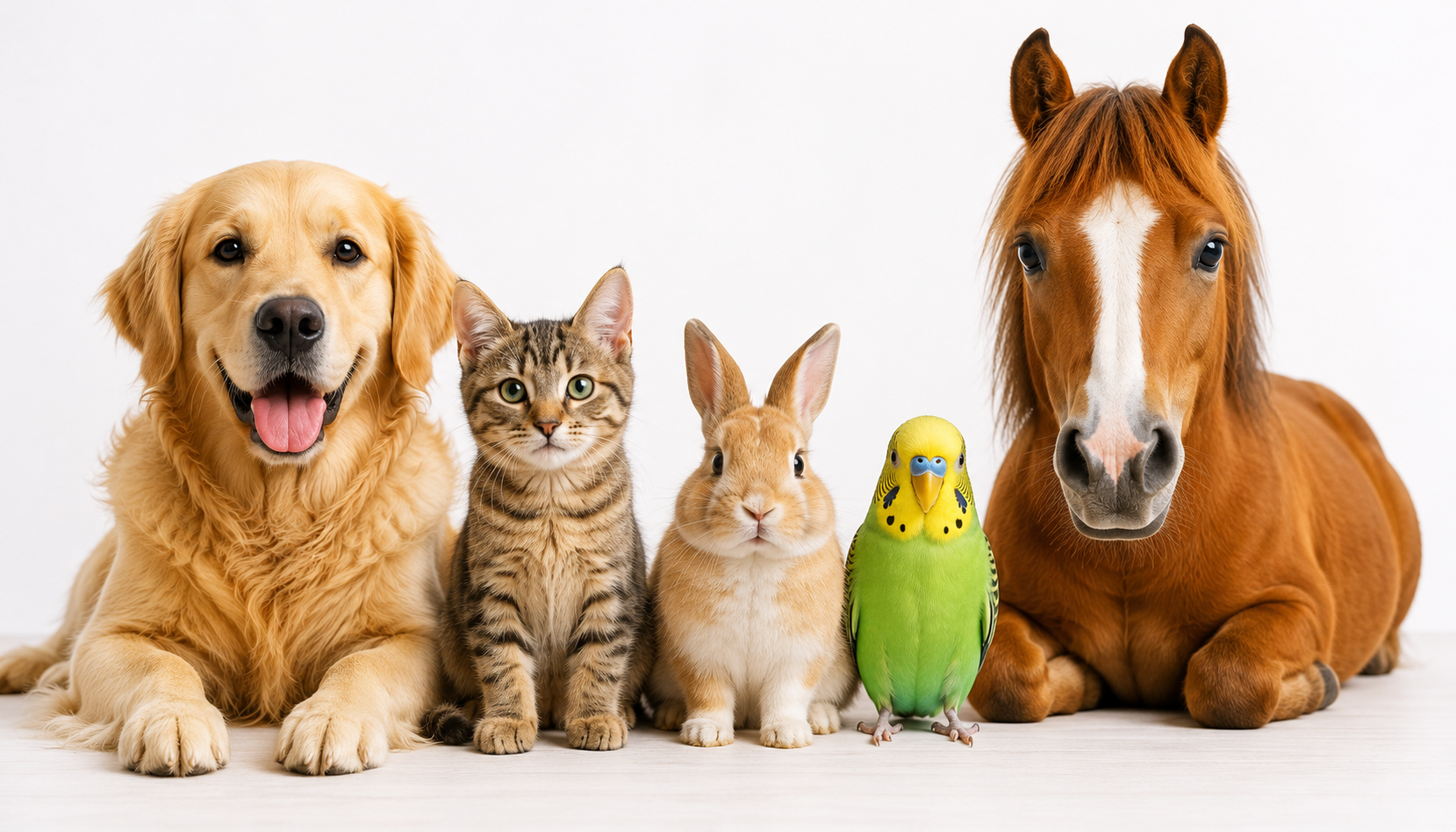Hund, Katze, Kaninchen, Wellensittich und Pferd
